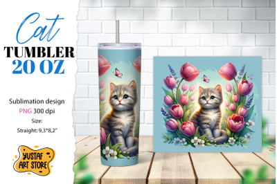 Cat tumbler wrap. Cute cat in flowers sublimation design PNG