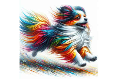 Bundle of Running colorful dog. Running colorful long-haired dog