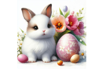 Bundle of cute Easter bunny with painted egg and flower