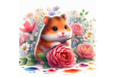 Bundle of Watercolor cute hamster with painted flower