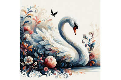 Bundle of beautiful swan silhouette with flowers, flat illustration