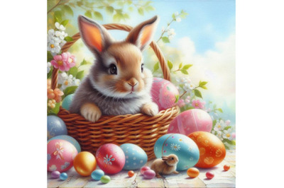 Bundle of Easter Bunny with Decorated Eggs in Basket