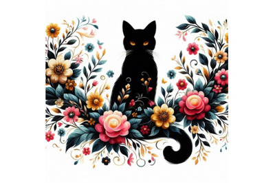 Bundle of beautiful black cat silhouette with flowers, flat illustrati