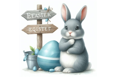 Bundle of Watercolor Easter bunny with signpost in gray and blue color