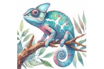 bundle of Cute chameleon sitting on branch