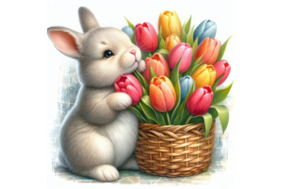 Bundle of Watercolor Easter bunny holding tulips isolated