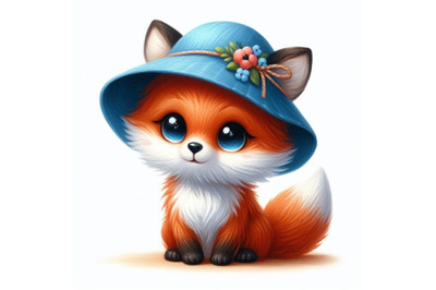 Bundle of Hand drawn cute little fox in blue hat cartoon style