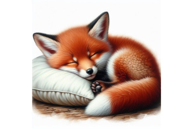 Bundle of a cute sleeping red fox cub with a pillow