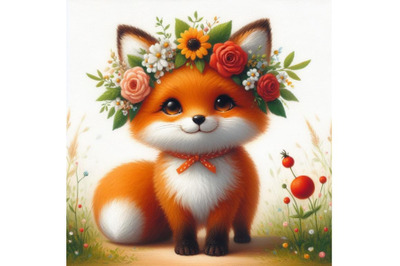 Bundle of a cute orange fox with flowers on his head. standing