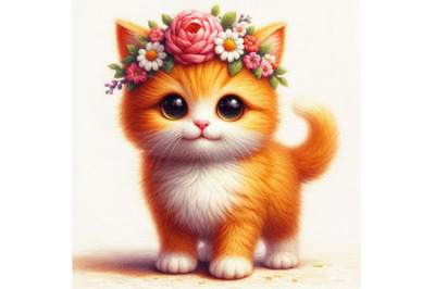 Bundle of a cute orange cat with flowers on his head. standing