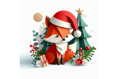 Bundle of Vector cute christmas paper cut 3d fox with shadow