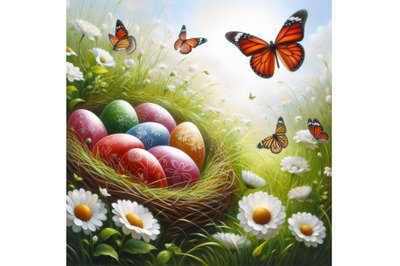 Bundle of Easter day eggs in green grass with white flowers.Butterflie