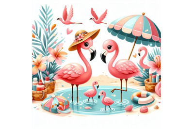 Bundle of Cartoon Flat Cute Flamingo Birds Summer Art Print