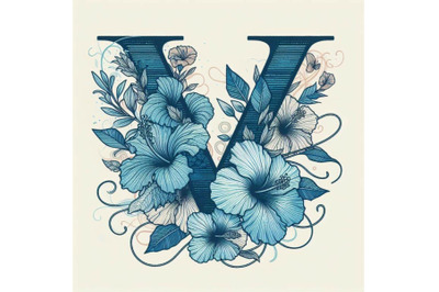 A bundle of Blue hibiscus grunge vintage alphabet V