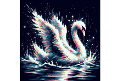 Bundle of Illustration Swan in Glitch Art Style on Dark Background