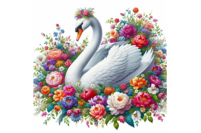 Bundle of digital art of an elegant white swan in vibrant array of flo