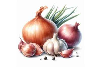 bundle of Onion and garlic. Illustration on white background