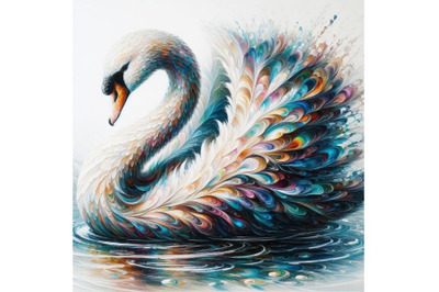 Bundle of Abstract swan art. Iridescent plumage bird in a pond