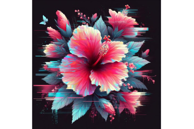 Bundle of Illustration hibiscus in Glitch Art Style on Dark Background