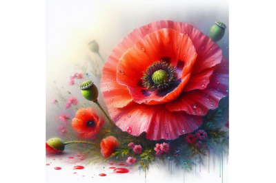 Bundle of digital art of a beautiful poppy flower with waterdrops