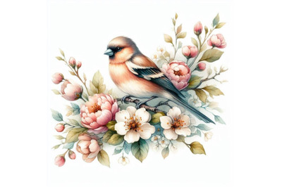bundle of Vintage watercolor floral card&2C; bird on a blooming branch