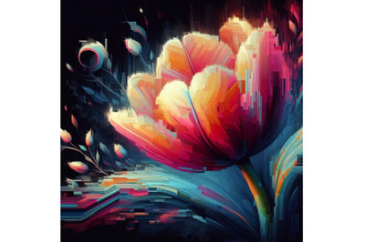 Bundle of Illustration tulip in Glitch Art Style on Dark Background