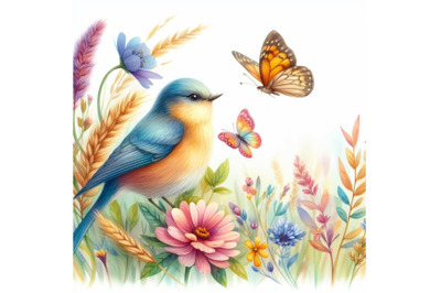 bundle of Watercolor colorful Bird and butterfly with grass and flower