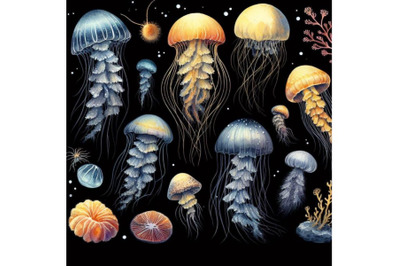 A bundle of Hand drawn vector jellyfish. Sea marine animal collection
