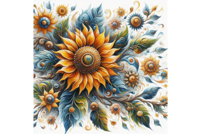 Bundle of Oriental Thai sunflower hand drawn in abstract style