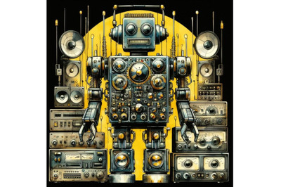 A bundle of robot made of analog stereo equipment, digital art