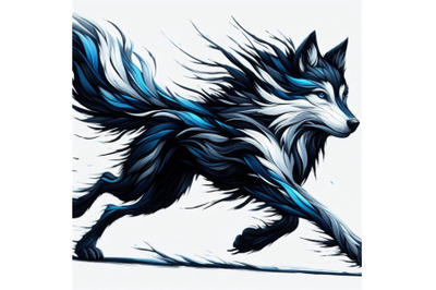 Bundle of illusations of  black and blue running wolf