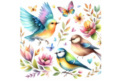 bundle of Watercolor colorful Birds and butterfly with leaves and flow