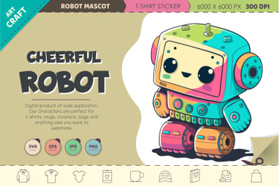 Cheerful cartoon robot. T-Shirt&2C; PNG&2C; SVG.