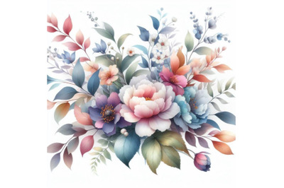 bundle of beautiful watercolor flowers and leaves on a white backgroun