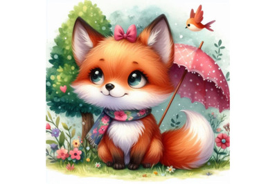 Bundle of Cute watercolor cartoon fox