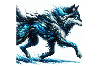 Bundle of illusations of  black and blue running wolf