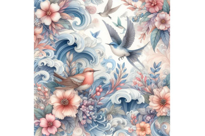 bundle of Seamless floral background with waves and birds