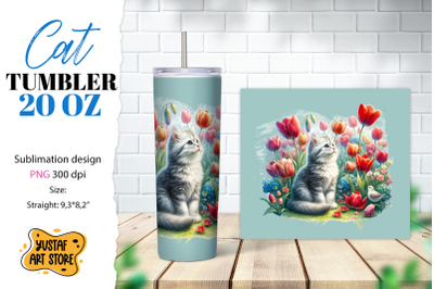 Cat tumbler wrap. Cute cat in flowers sublimation design PNG