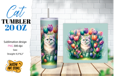 Cat tumbler wrap. Cute cat in flowers sublimation design PNG