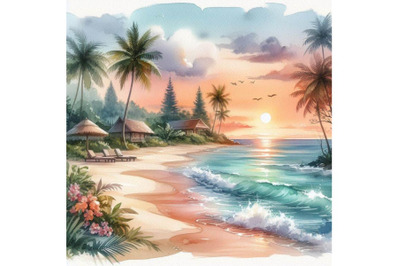 bundle of Summer sunset beach. Beach vector.Tropical beach