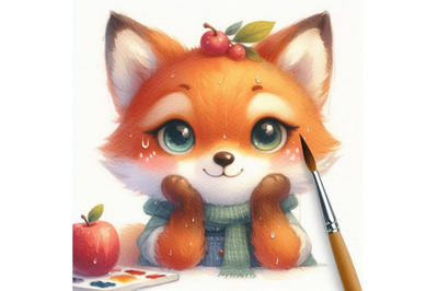 Bundle of Cute watercolor cartoon fox