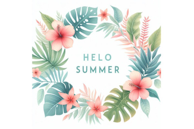bundle of Hello summer. Tropical leaves frame. Vector card template