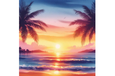 bundle of Sunset on the beach with palm silhouette&2C; vector