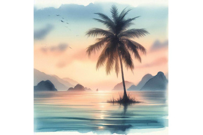 bundle of Lonely palm tree in the middle of ocean on background of sky