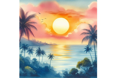 bundle of Tropical sunset seascape with palm tree clouds and bright su