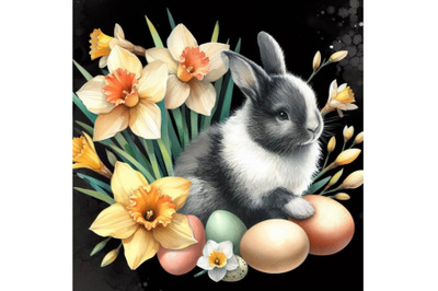 A bundle of Abstract bunny, eggs, blooming narcissus flower