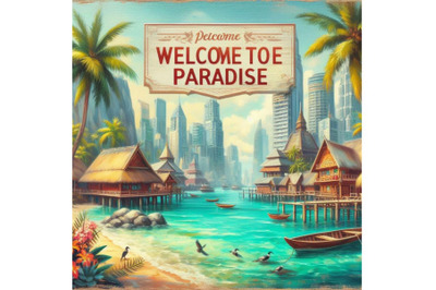 Bundle of Welcome to paradise exotic places vintage flyer concept