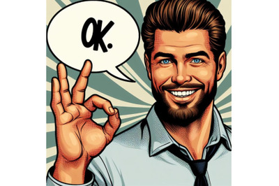 Bundle of Man smile and shows OK hand sign with speech bubble. Vector
