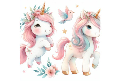 bundle of Watercolor Cute unicorn