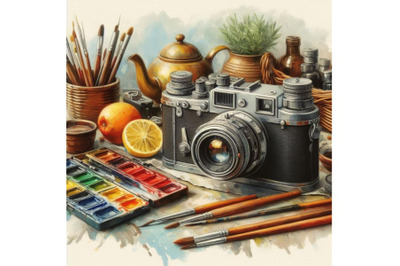 Bundle of Vintage retro watercolor camera